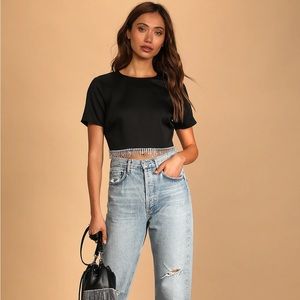 Sparkle Hour Black Short Sleeve Rhinestone Fringe Crop Top